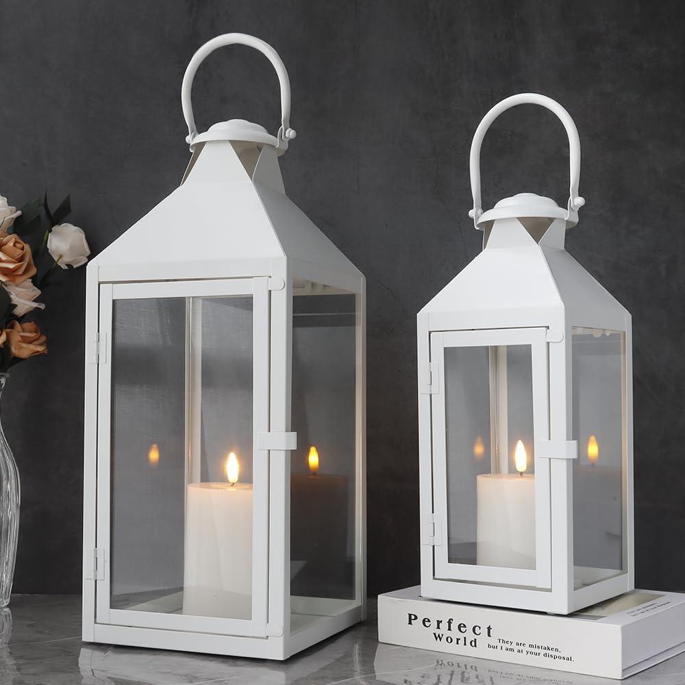 White Metal and Glass Tabletop Hanging Candle Lantern Set