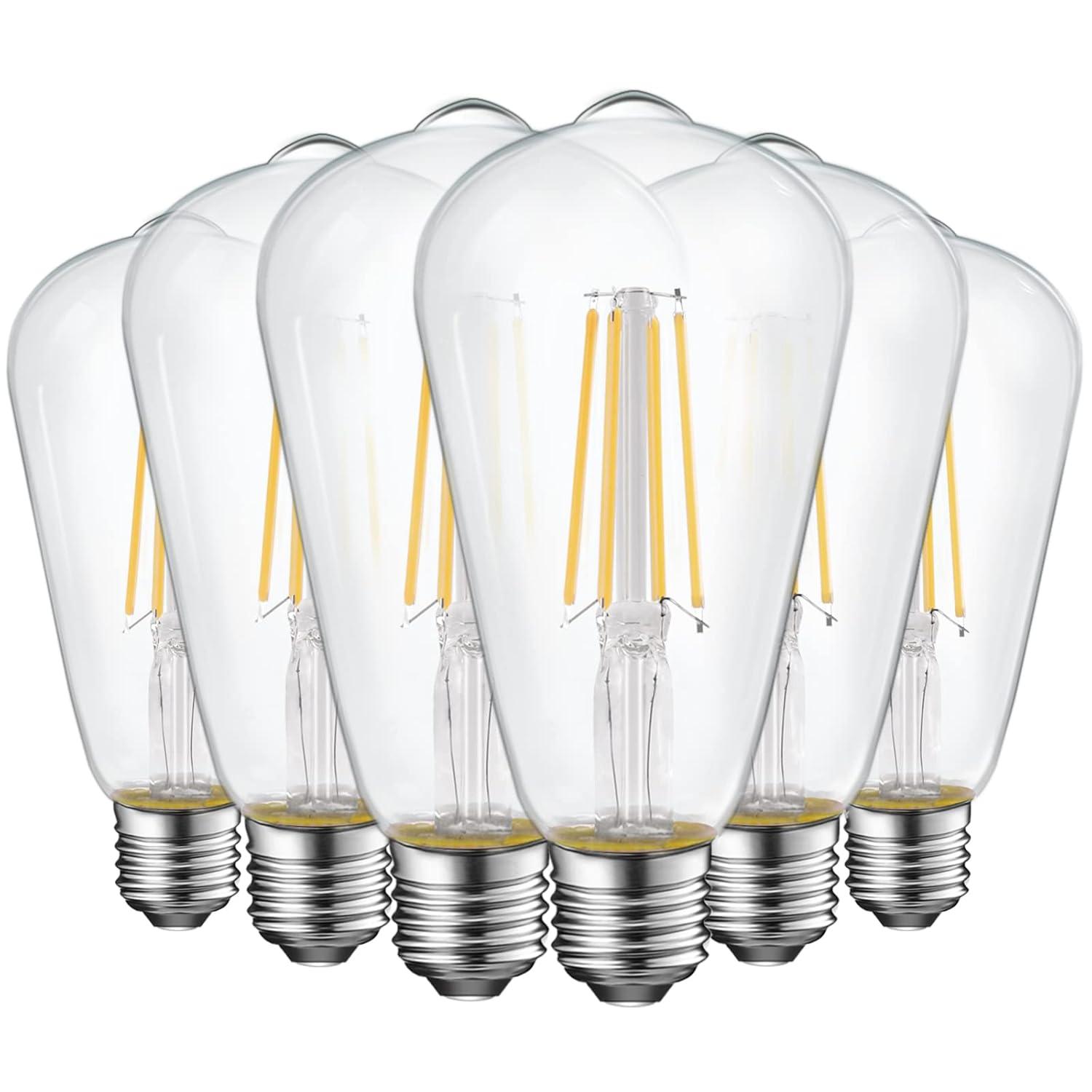 ENERGETIC Vintage LED Edison Light Bulbs, 5000K, 60 Watt Equivalent, ST64 Filament, Tear Drop Antique Decorative Bulbs, E26 Base, UL Listed, 6 Pack