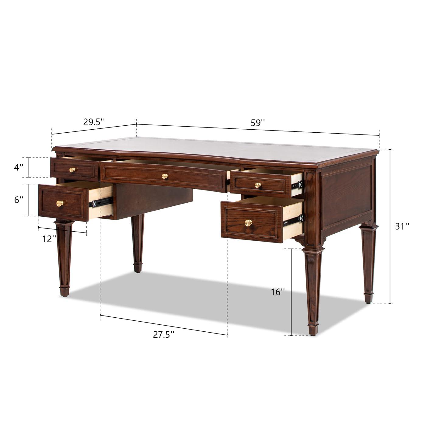 JTH LUXE Dauphin Gold Accent 5-Drawer Wood Executive Desk, Walnut Brown Wood
