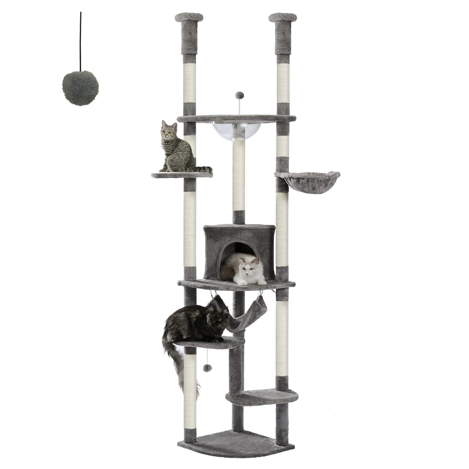 PEQULTI Floor to Ceiling Cat Tree 92.9’’-101.6’’ Height Adjustable Cat Tower Tall Kitty Climbing Play House with Scratching Posts, Cozy Condo, Perches and Large Hammock for Indoor Cats Gray