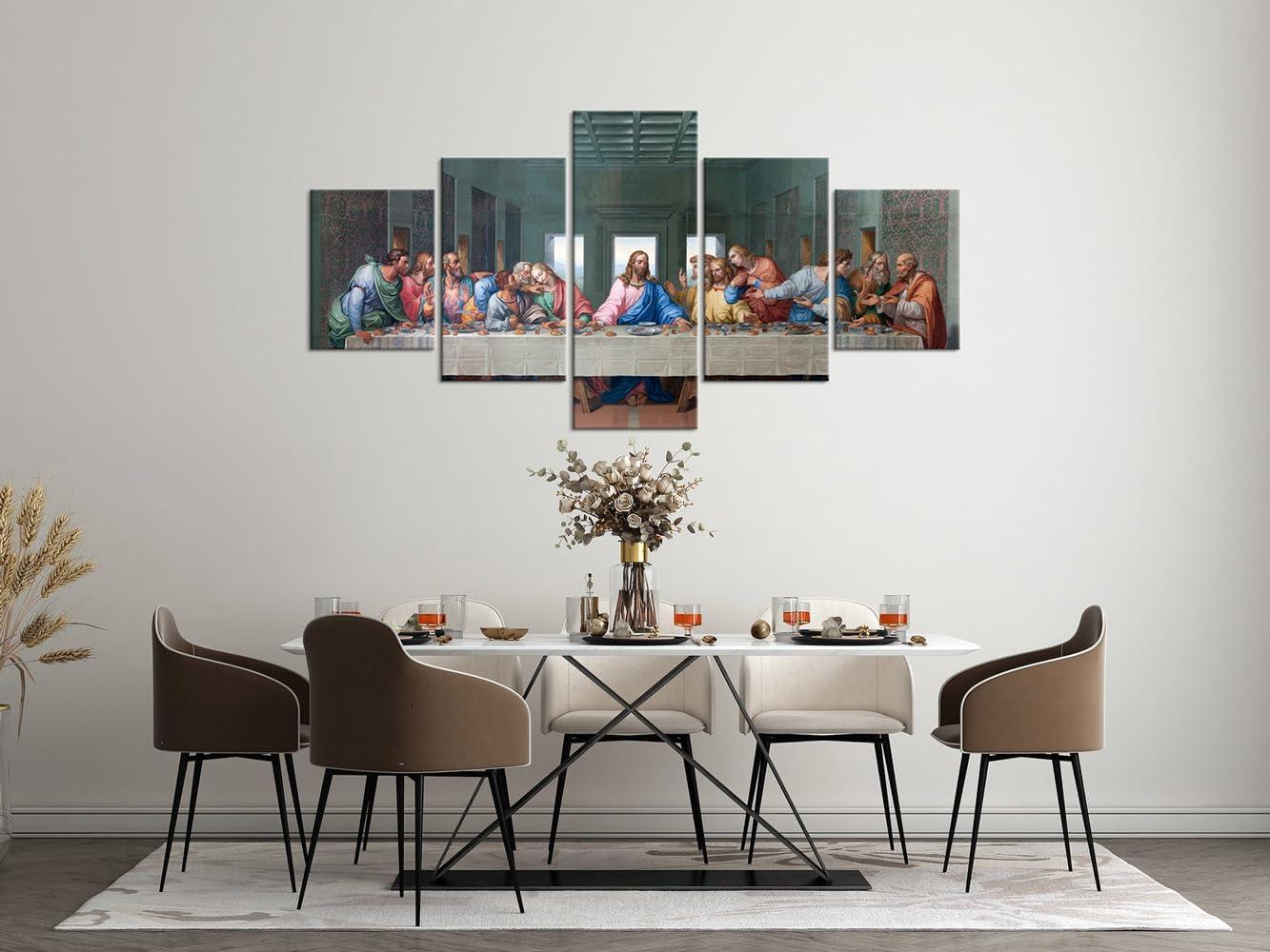 YOUHONG 5 Piece Classic Jesus Wall Art Modern The Last Supper Famous Oil Painting by Da Vinci Reproduction Canvas Giclee Artwork Stretched Ready to Hang for Home Decor (70''W x 40''H)