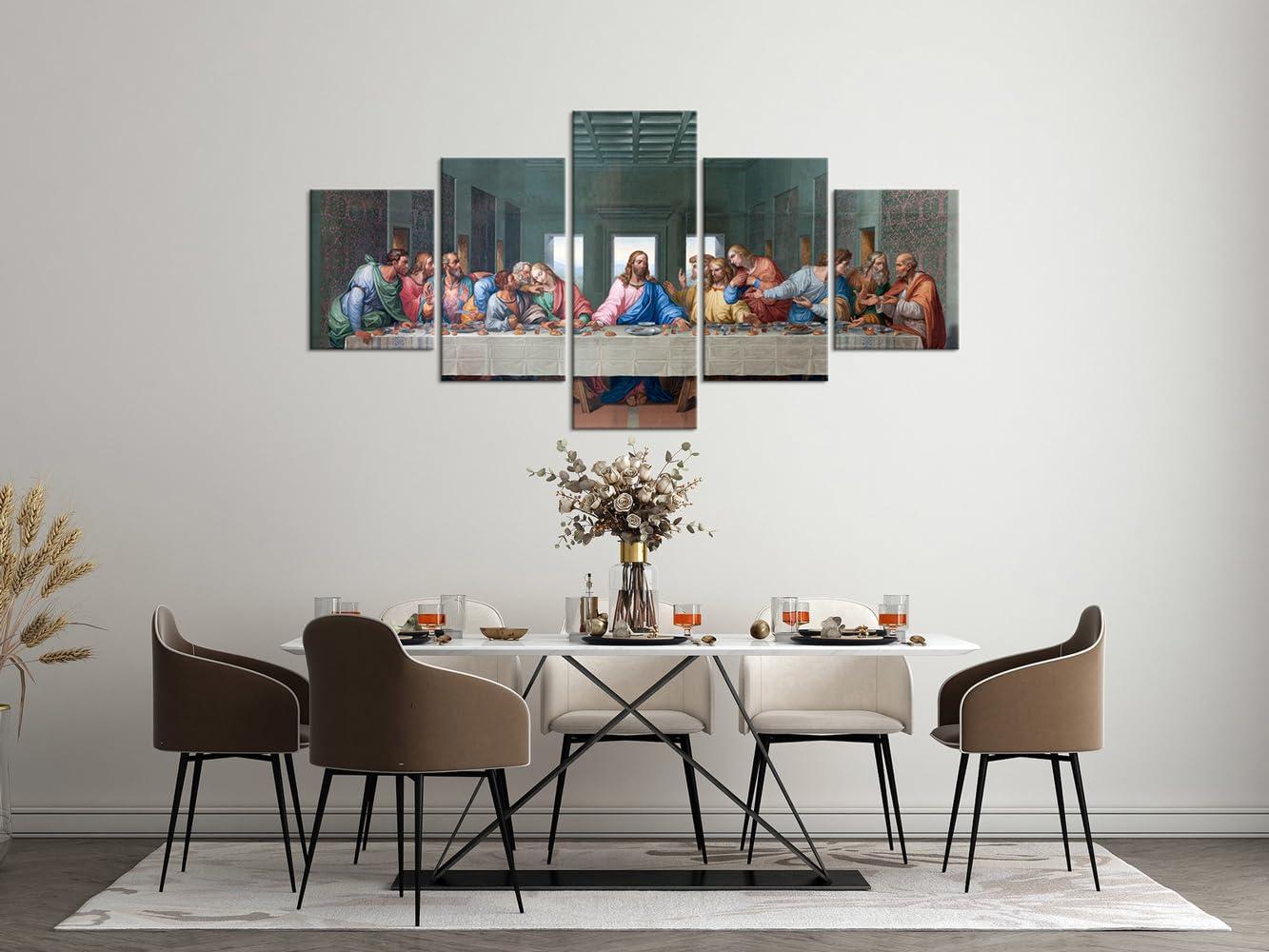 YOUHONG 5 Piece Classic Jesus Wall Art Modern The Last Supper Famous Oil Painting by Da Vinci Reproduction Canvas Giclee Artwork Stretched Ready to Hang for Home Decor (70''W x 40''H)