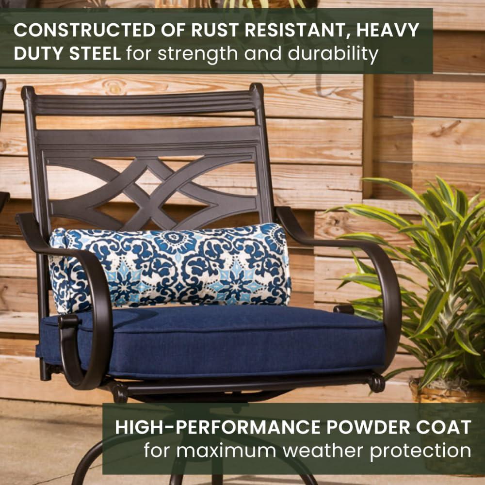 Hanover Montclair 3-Piece All-Weather Outdoor Patio Bistro Dining Set, 2 Swivel Rocker Chairs with Comfortable Seat and Lumbar Cushions, 27" Square Stamped Rectangle Table, MCLRDN3PCSW2-NVY