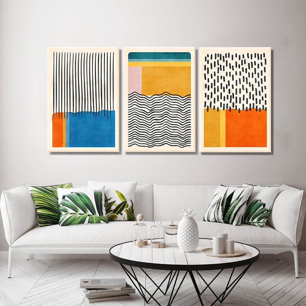 Midcentury Modern Framed Wall Art for Living Room Set of 3 Mid Century Modern Abstract Canvas Painting Print Boho Color Blocks Home Decor Colorful Minimalist Pictures for Bedroom 12"x16"x3