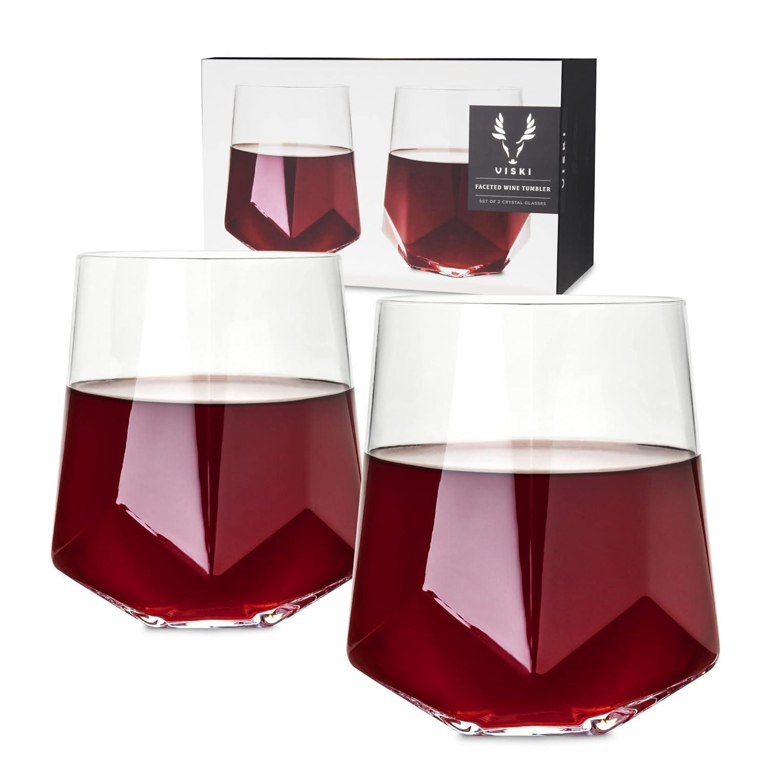 Viski Raye Faceted Crystal Wine Glasses Set of 2 - Premium Crystal Clear Glass, Modern Stemless, Wine Glass Gift Set, 20 oz