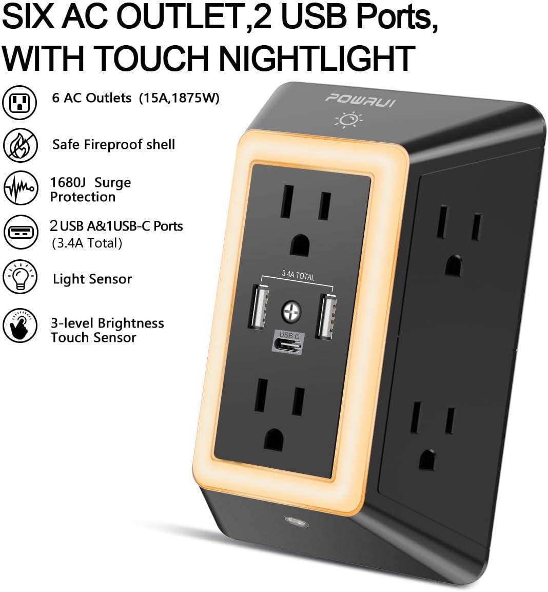 Outlet Extender Power Strip, POWRUI 6 AC Surge Protector Outlets with 3 USB Ports (1 USB C) and Night Light, 3-Sided Multi Plug Wall Outlet with Spaced Outlets - Black, ETL Listed