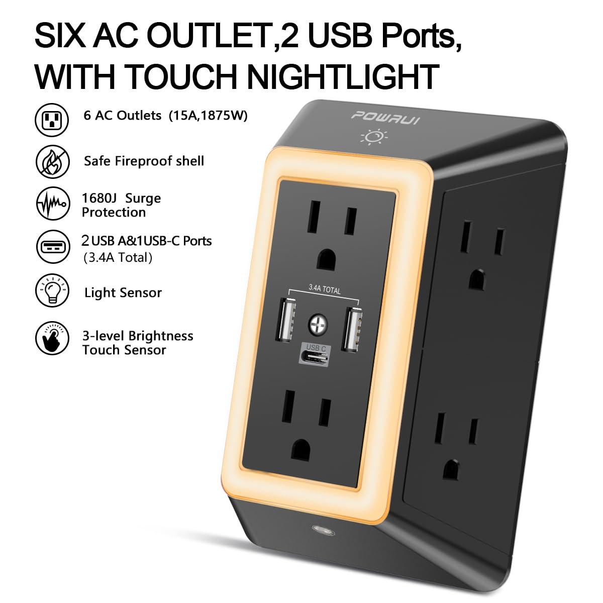 Outlet Extender Power Strip, POWRUI 6 AC Surge Protector Outlets with 3 USB Ports (1 USB C) and Night Light, 3-Sided Multi Plug Wall Outlet with Spaced Outlets - Black, ETL Listed