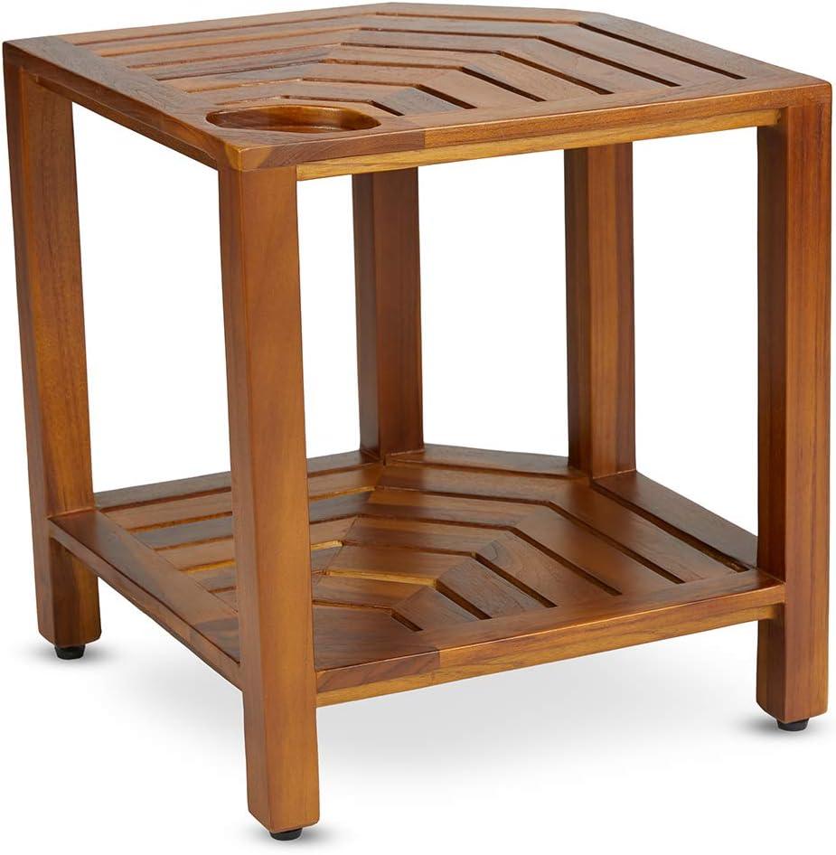 Teak Corner Shower Bench with Shelf and Adjustable Feet