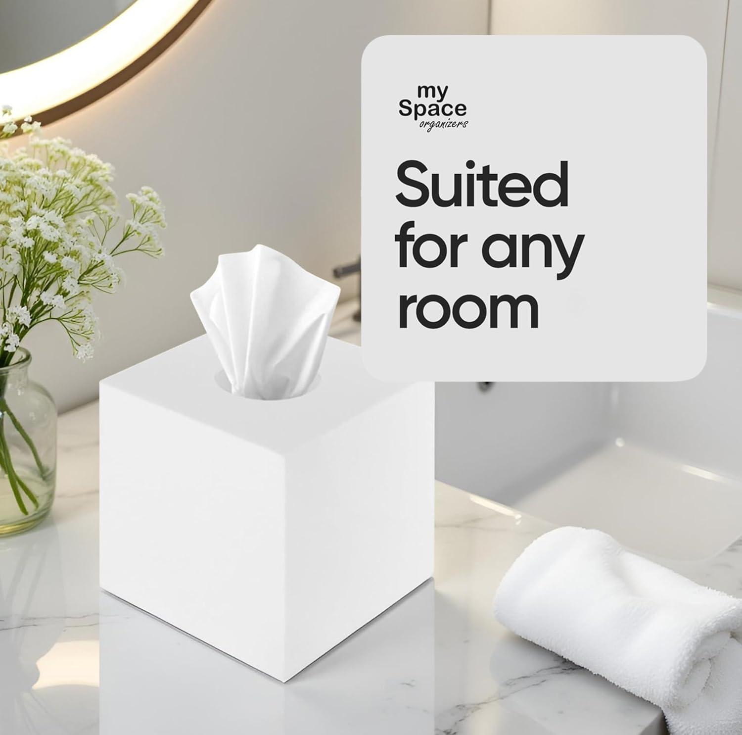 White Tissue Box Cover Square - Plastic Facial Tissue Box Holder - Decorative Cube Tissue Holder Dispenser Fits Any Vanity Countertop, Bedroom Dresser, Office, Bathroom Decor C33