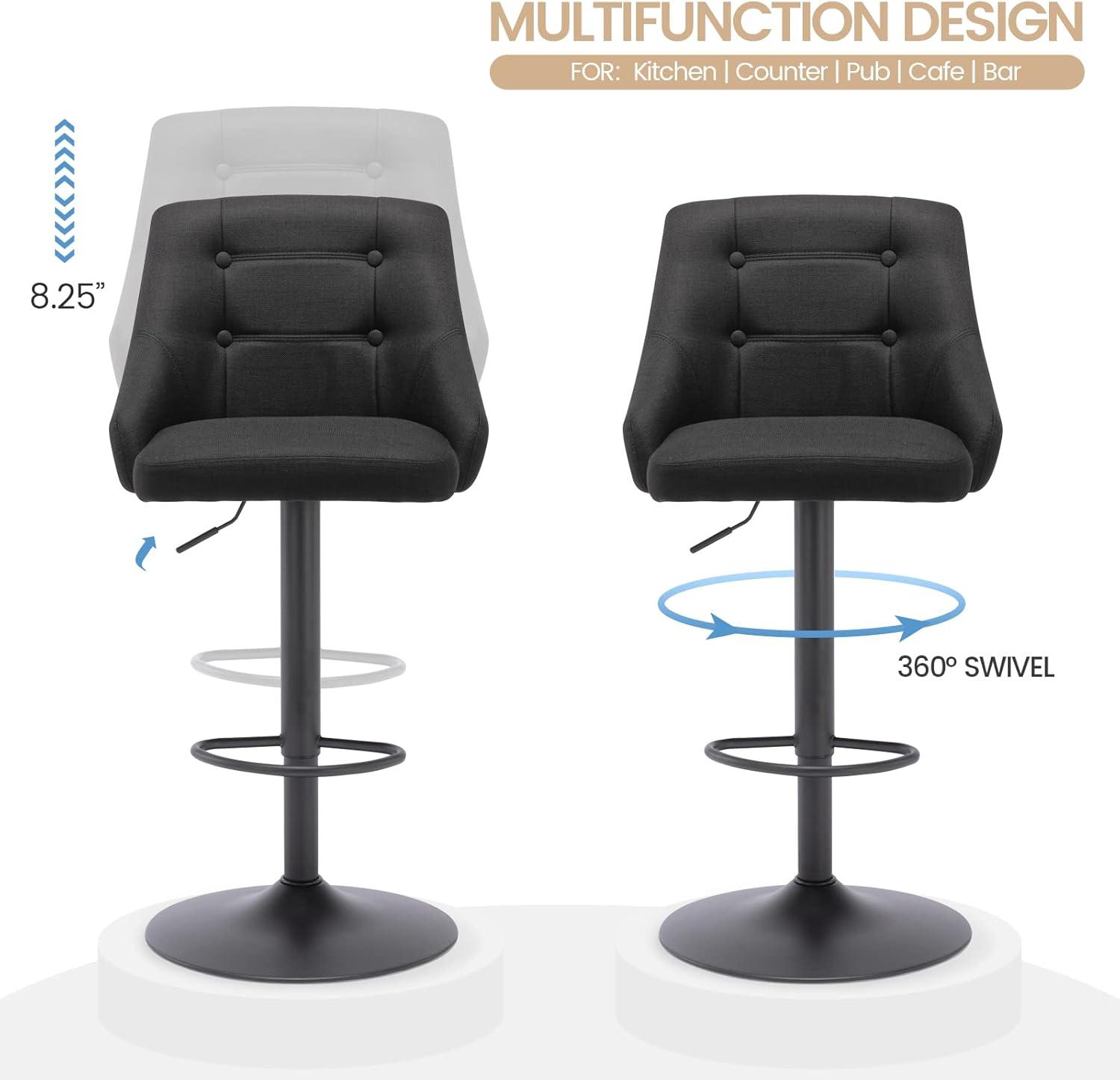 Brage Living Swivel Bar Stool with Back, Adjustable Fabric Tufted Barstool, Upholstered Counter Height Airlift Bar Chair for Kitchen Dining Cafe (Black)