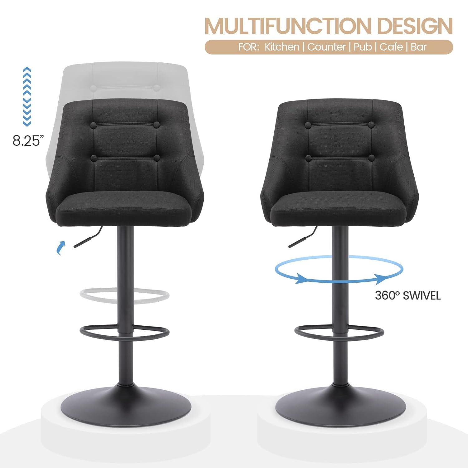 Brage Living Swivel Bar Stool with Back, Adjustable Fabric Tufted Barstool, Upholstered Counter Height Airlift Bar Chair for Kitchen Dining Cafe (Black)