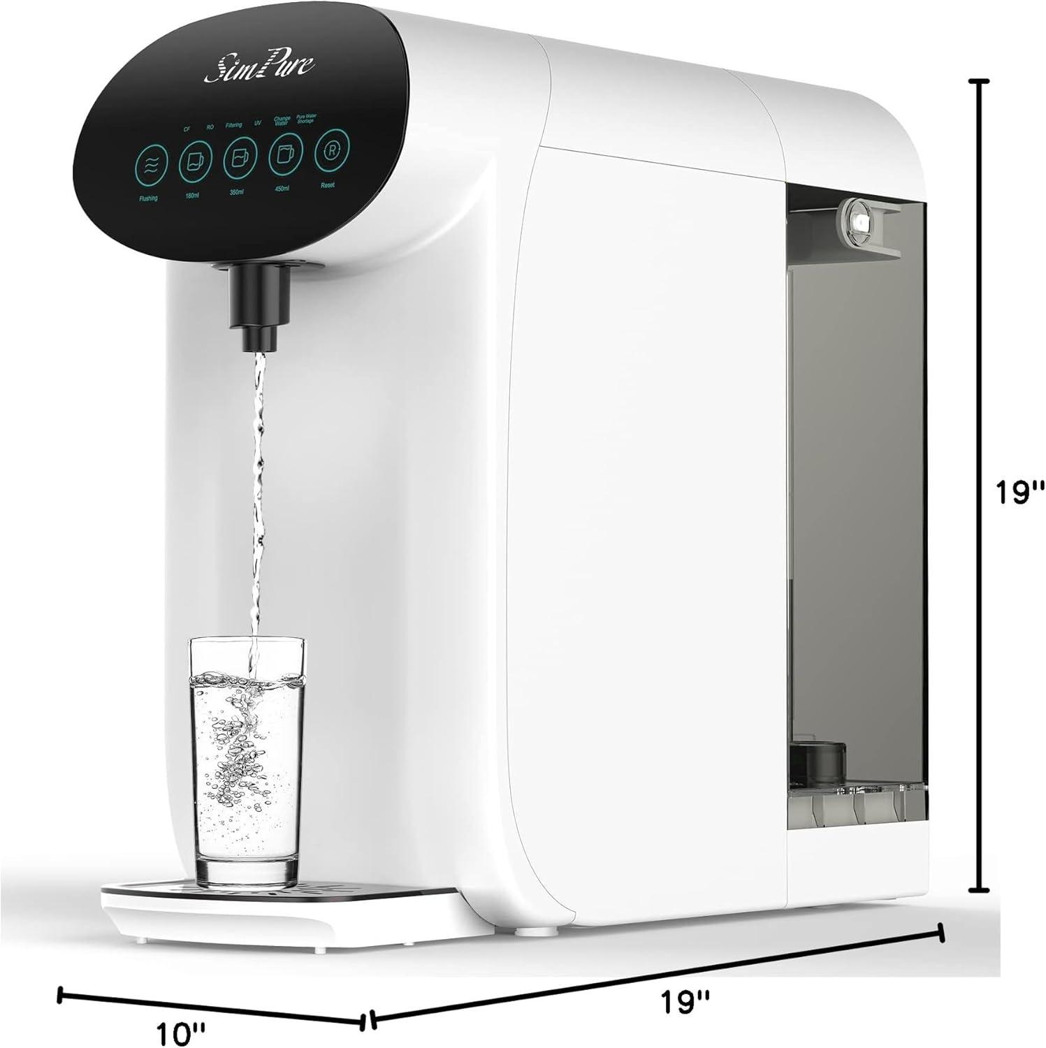 SimPure Y7P-W Countertop Water Filter System, 4 Stage Reverse Osmosis Purification,BPA-Free Water Dispenser, 4: 1 Pure to Drain Bottleless Water Dispenser