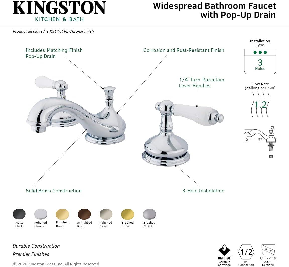 Kingston Brass Heritage Two-Handle 3-Hole Deck Mount Widespread Bathroom Faucet with Brass Pop-Up Drain