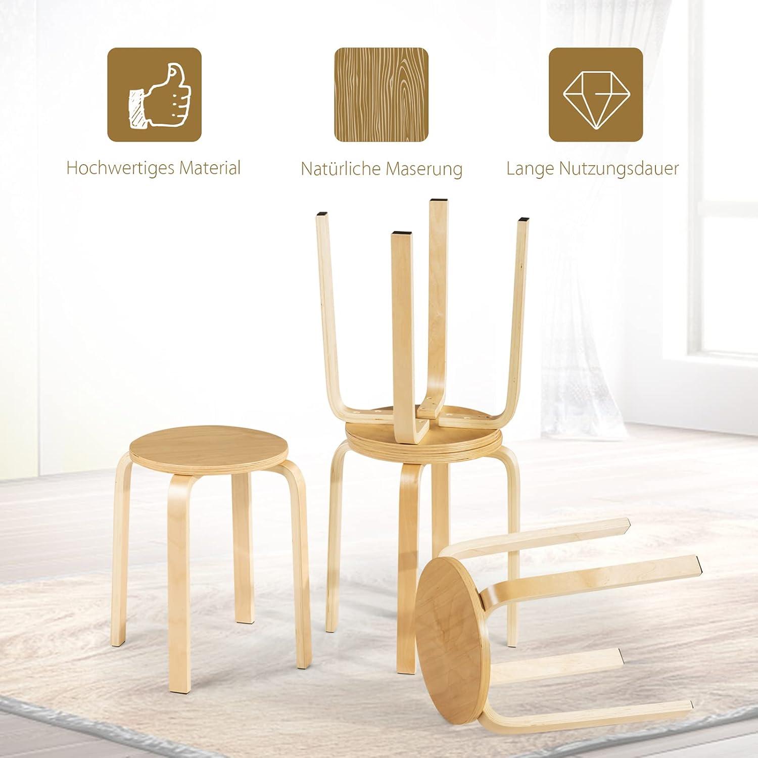 GVN Stackable Stools Set of 4 with Square Top and Rounded Corners-Natural, Dining Room Chairs, Lounge Chair for Kitchen, Dining, Bedroom, Living