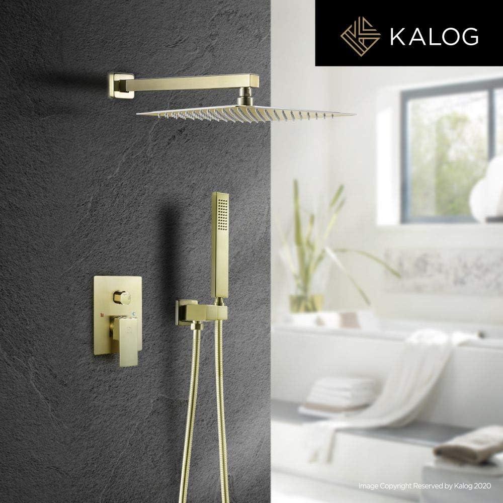 Shower system, 12" (approx. 30.5 cm) rain shower head and handheld spray bathroom shower unit with brass valve and wall trim kit Gold