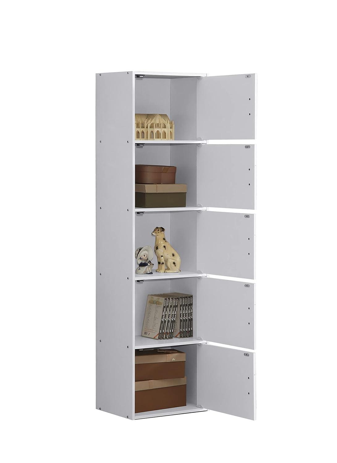 Hodedah HID5 High Quality 5 Shelf Home, Office, and School Enclosed Organization Storage 59 Inch Tall Slim Bookcase Cabinets, White Finish