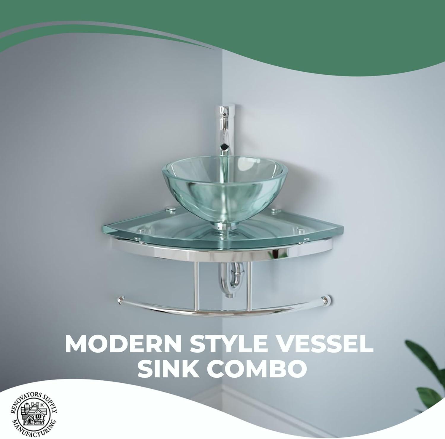 Round Corner Glass Wall Mount Bathroom Vessel Sink with Chrome Faucet Towel Bar