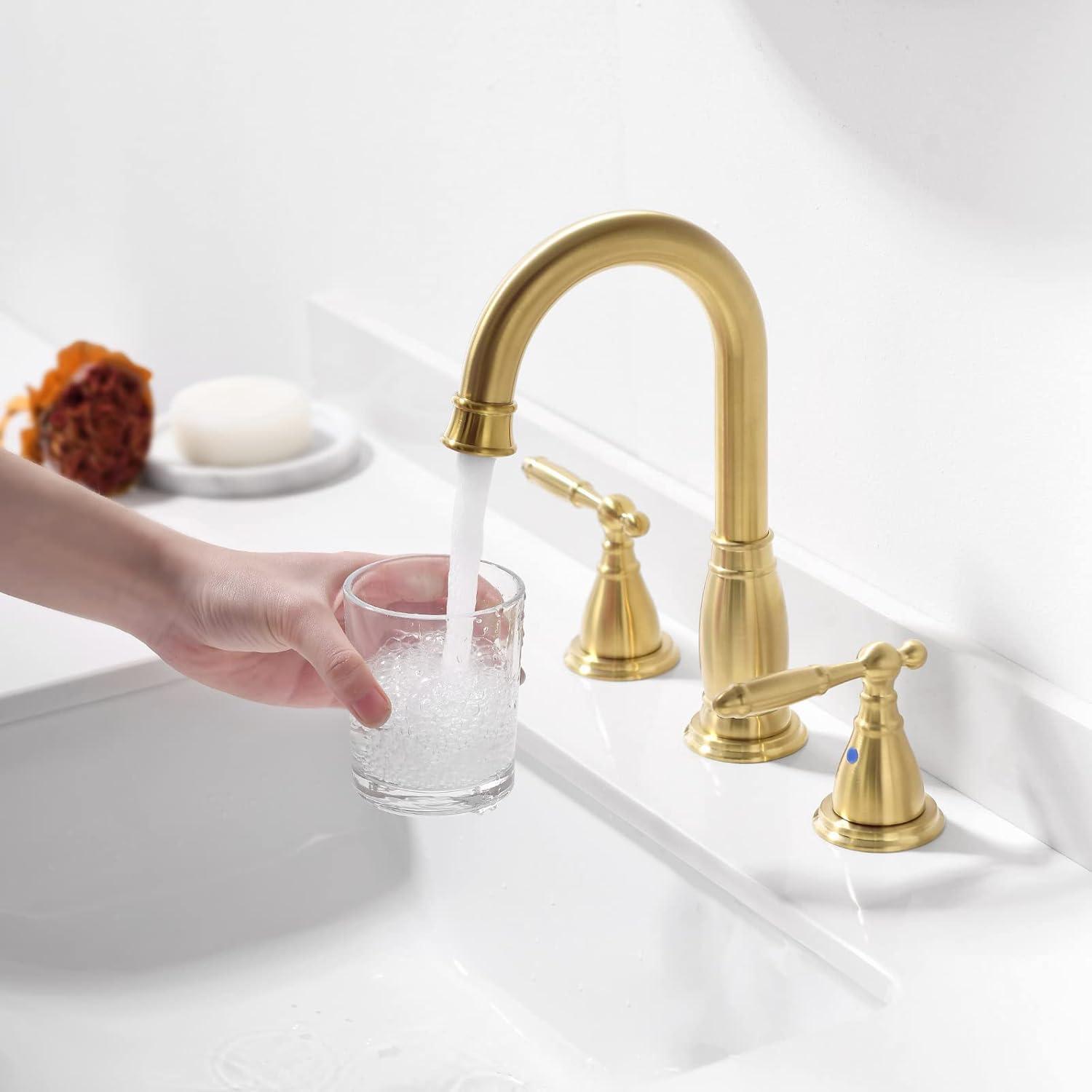 Phiestina Brushed Gold Widespread 2-handle High-arc Commercial/Residential Handle Bathroom Sink Faucet with Drain
