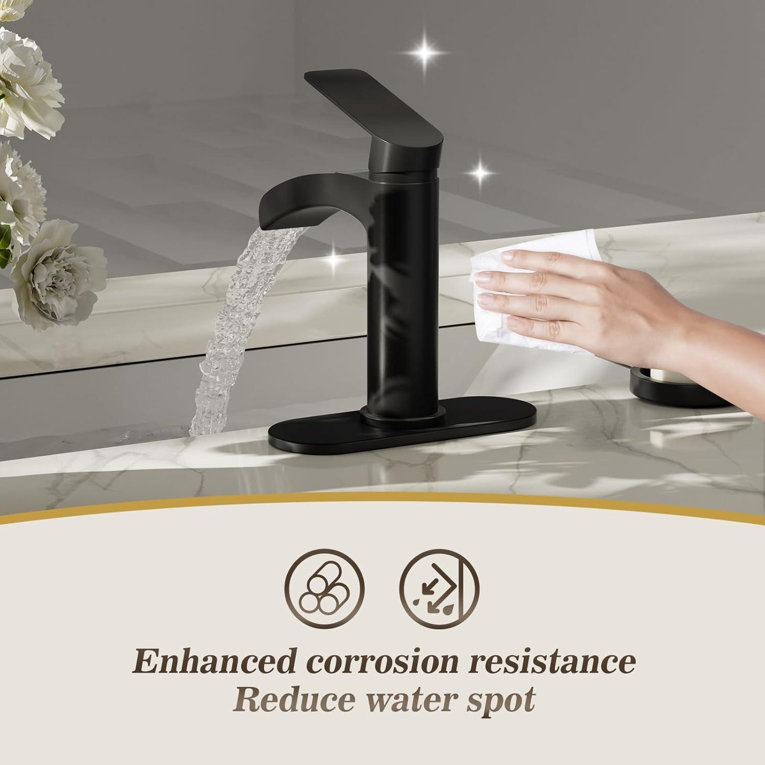 Phiestina Matte Black Single Hole Waterfall Bathroom Sink Faucet Single Handle, with 6-Inch Deck Plate & Metal Pop Up Drain Assembly, NS-SF01-MB