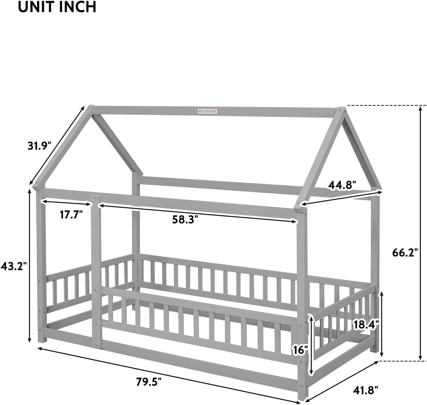 Twin Floor Bed for Kids, Wooden House Bed Frame with Roof, Fence Guardrails, Montessori Bed for Toddlers Girls Boys, Gray