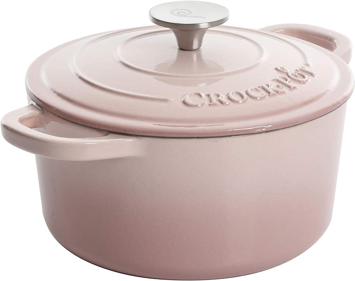 Crock-Pot 5 Quart Round Enamel Cast Iron Covered Dutch Oven Cooker, Blush Pink