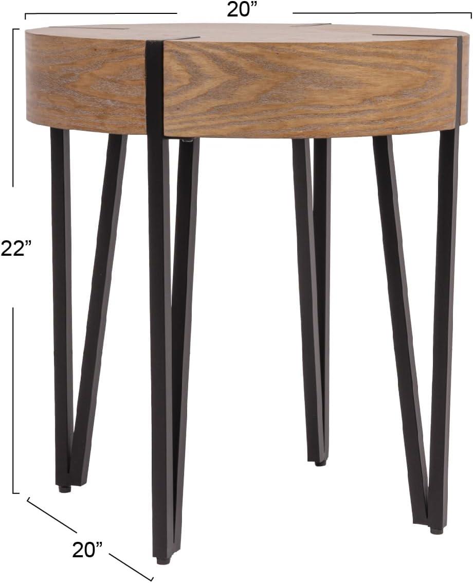Storied Home Astoria Wood End Accent Table Natural/Black: Iron Hairpin Legs, Pacific Northwest Inspired, Round Shape