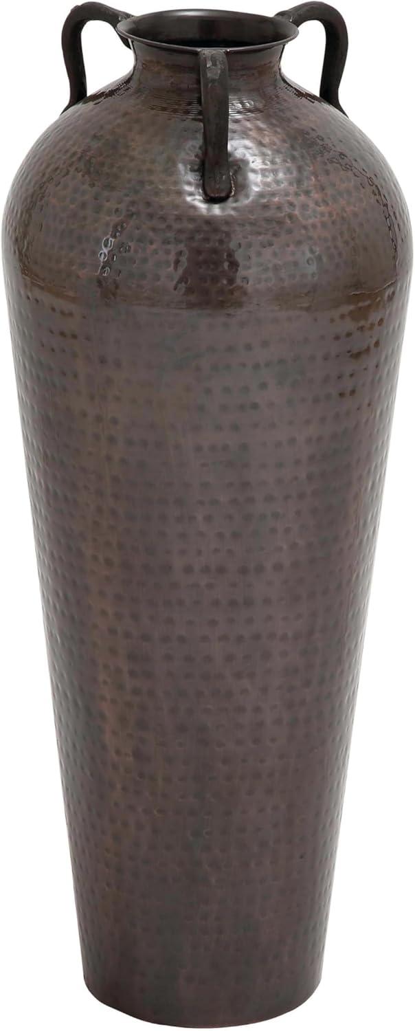 DecMode 32" Tall Floor Mediterranean Style Brown Metal Vase with Hammered Details and Handles