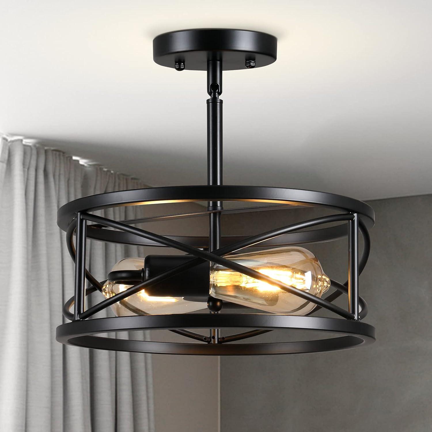 Black Metal Cage Farmhouse Drum Ceiling Light, 11.8 Inches