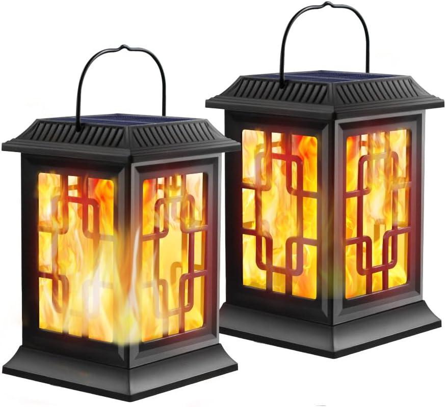 Matte Black Solar LED Lanterns with Flickering Flame Effect, 2 Pack