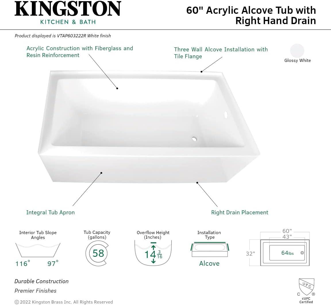 Aqua Eden VTAP603222R 60-Inch Acrylic 3-Wall Alcove Tub with Right Hand Drain Hole, White