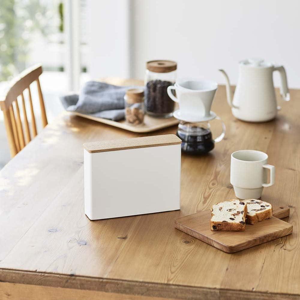 White Steel and Wood Coffee Filter Case with Lid