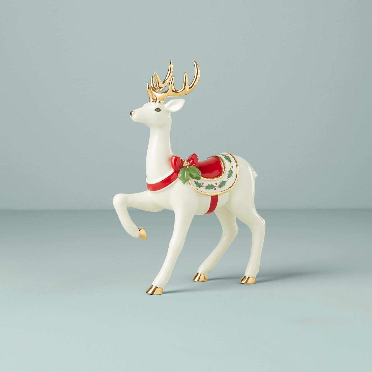 Porcelain Reindeer Figurine with Gold Accents and Holly Saddle