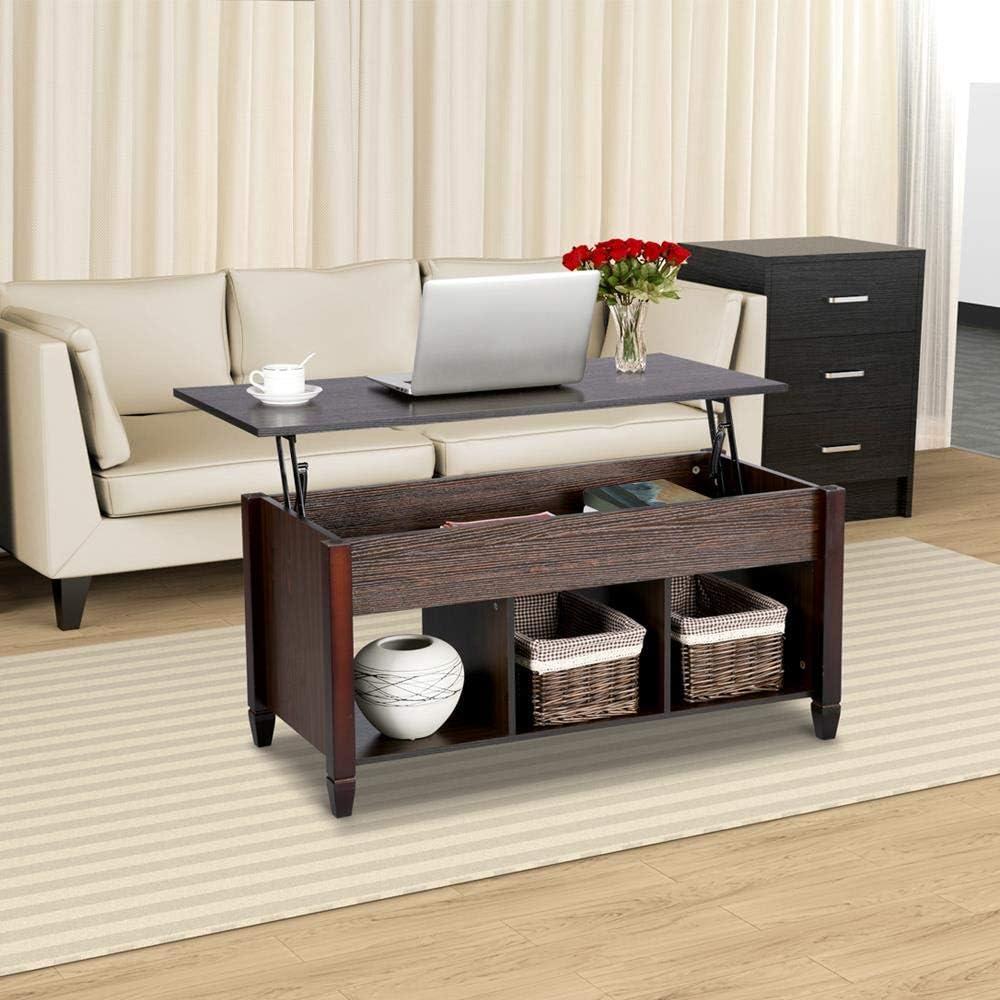 Lift Top Coffee Table with Storage Hidden Compartment & Shelf, Adjustable Height Pop-Up Center Table for Home, Living Room, Reception, Dark Brown, 41.1in L