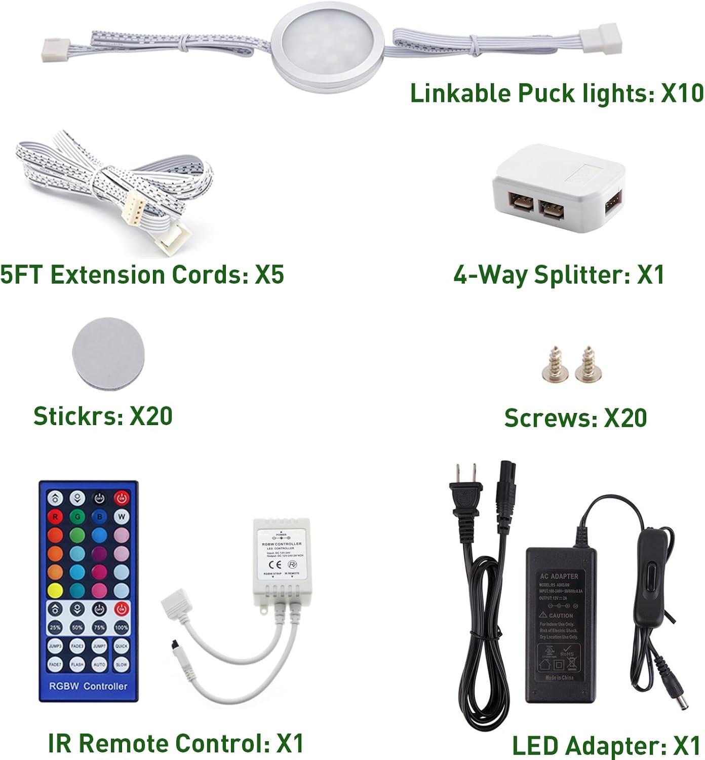 LED Under Counter Light Kit, RGBW/RGBWW Under Cabinet Lighting, Linkable Colored Puck Lights with 40-Key IR Remote Control (10 Lights)