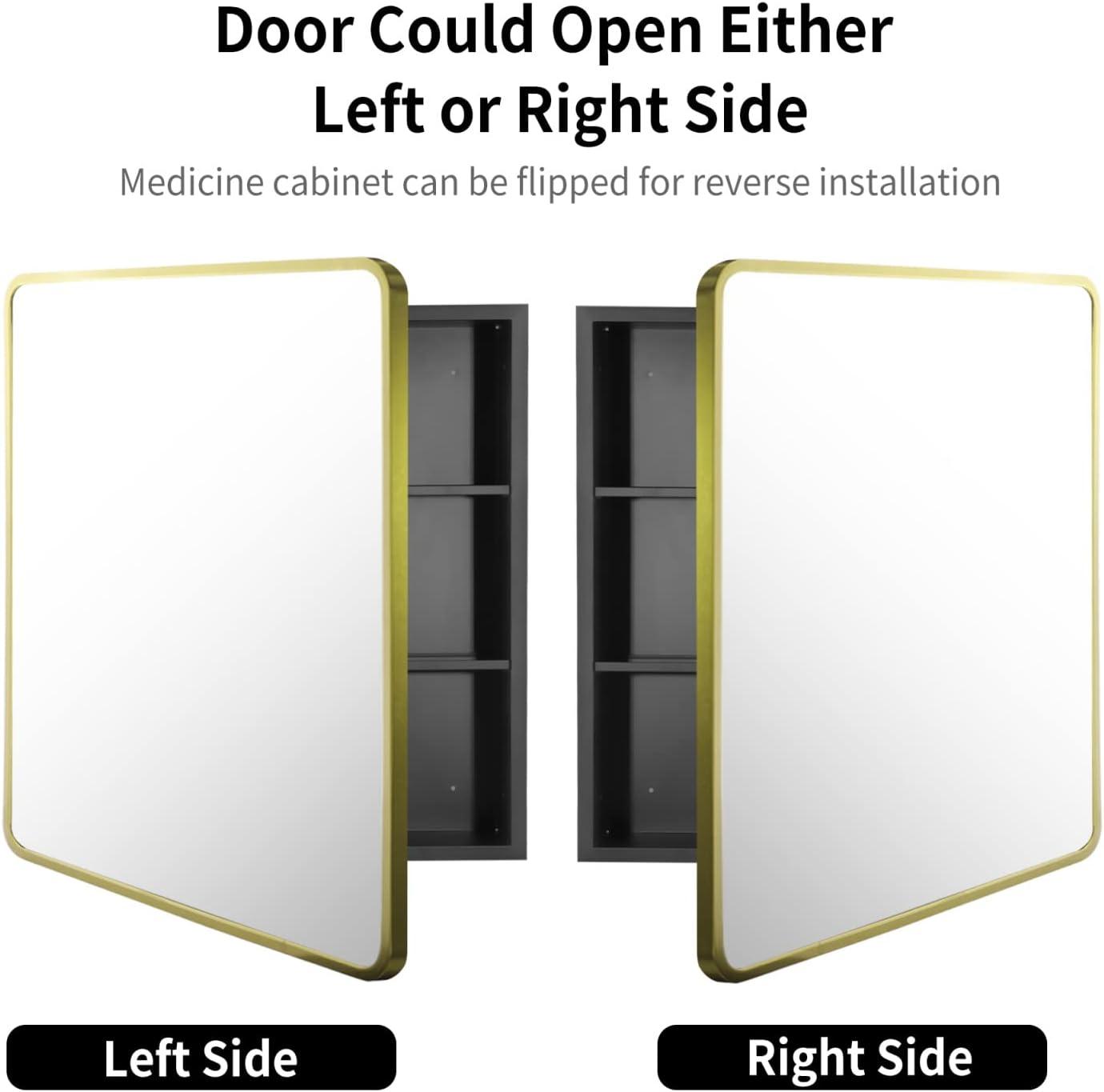Movo Mirror Medicine Cabinet 20 Inch x 28 Inch Gold Metal Framed Bathroom Medicine Cabinet with Mirror Rectangle Recess or Surface Mount Installation