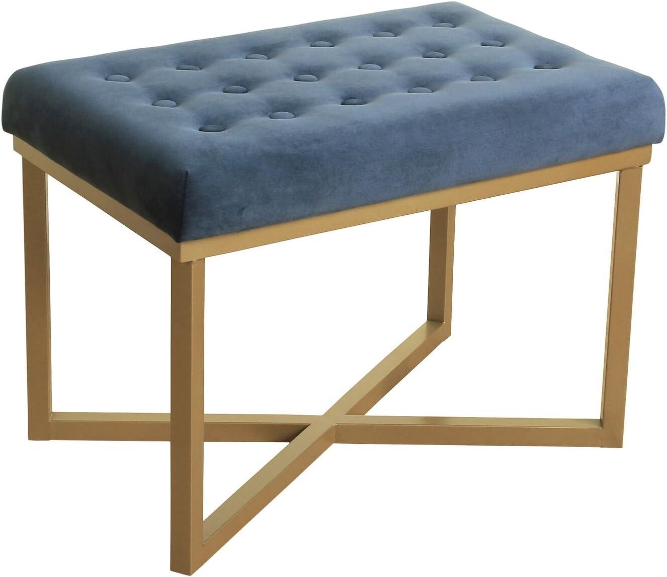 Blue Tufted Velvet Ottoman Bench with Gold Metal Base