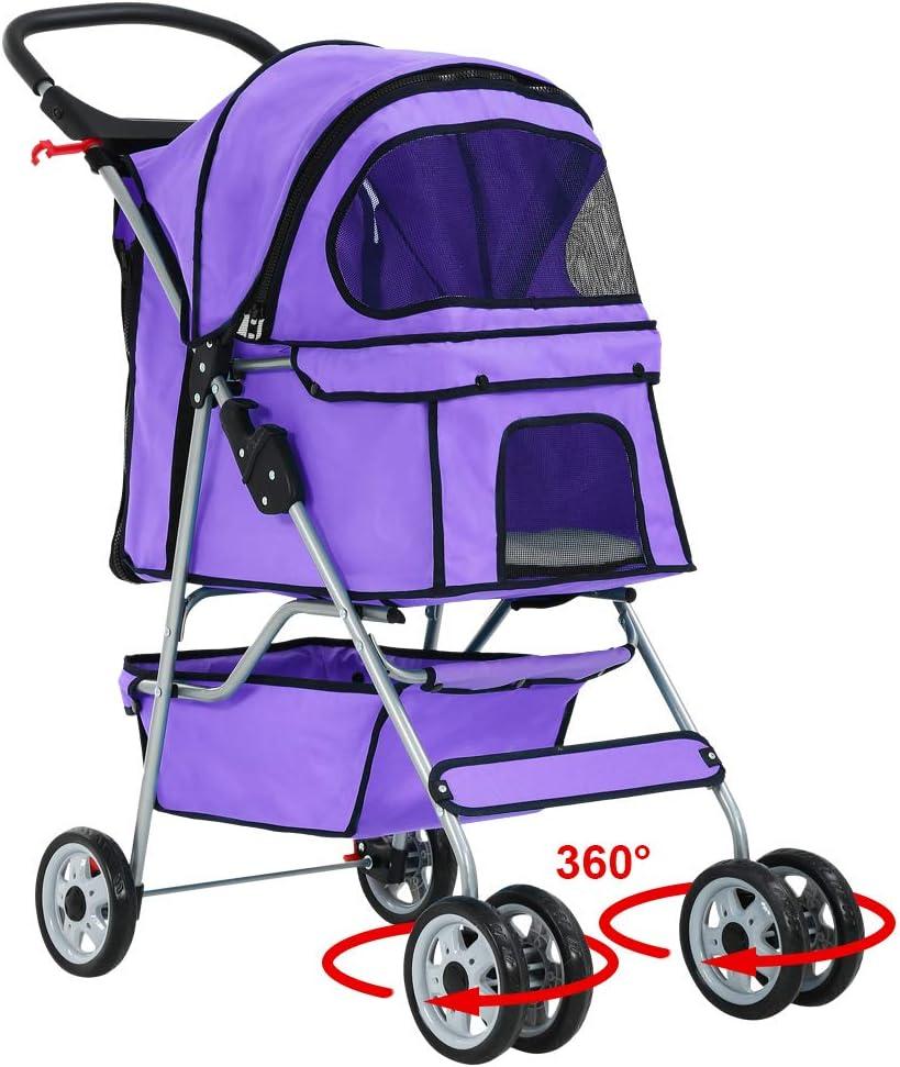 Purple Waterproof 4-Wheel Pet Stroller with Mesh Windows