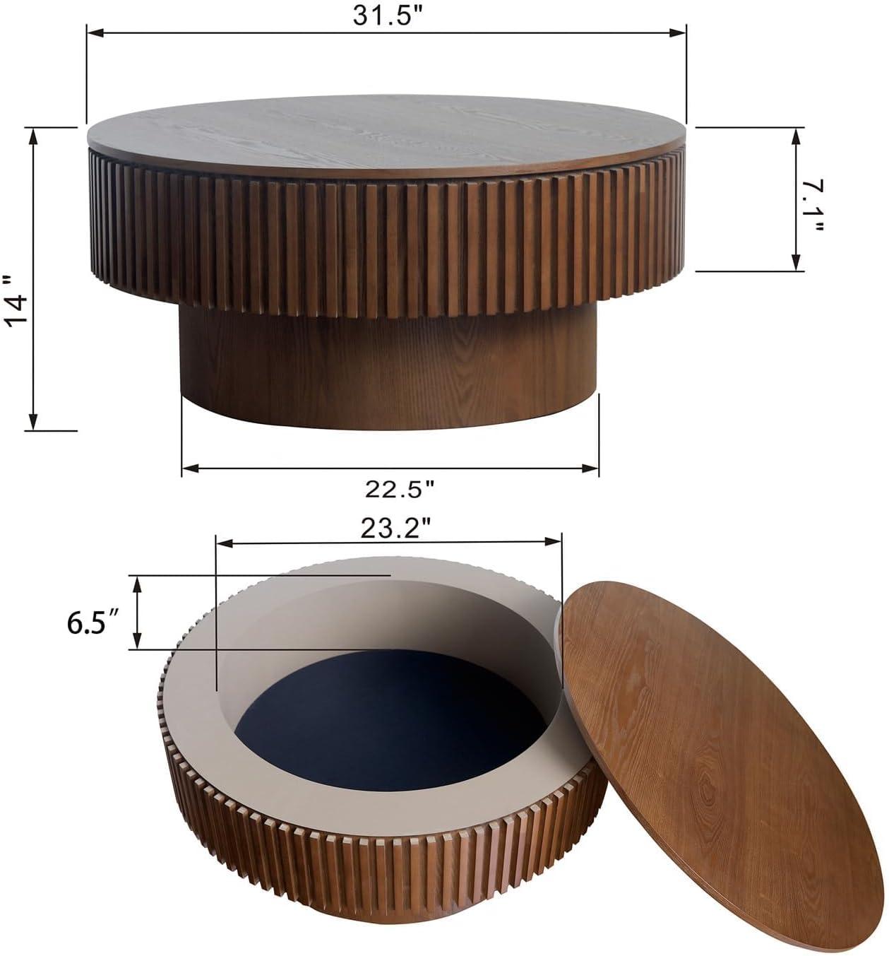 31.5" Round Wood Coffee Table with Storage - Modern Drum Circle Fluted Side Table for Apartment, Office - Easy Assembly, Walnut