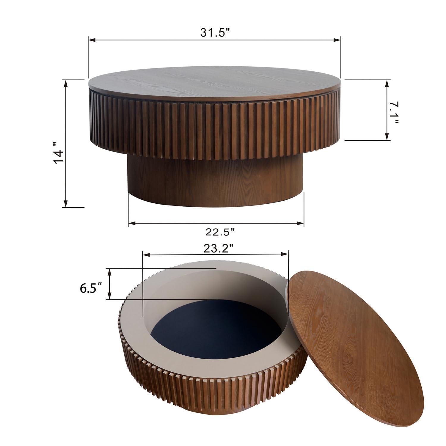 31.5" Round Wood Coffee Table with Storage - Modern Drum Circle Fluted Side Table for Apartment, Office - Easy Assembly, Walnut