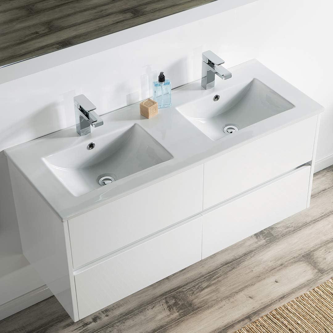 Valencia 48" White Wall-Mounted Double Vanity with Ceramic Sink