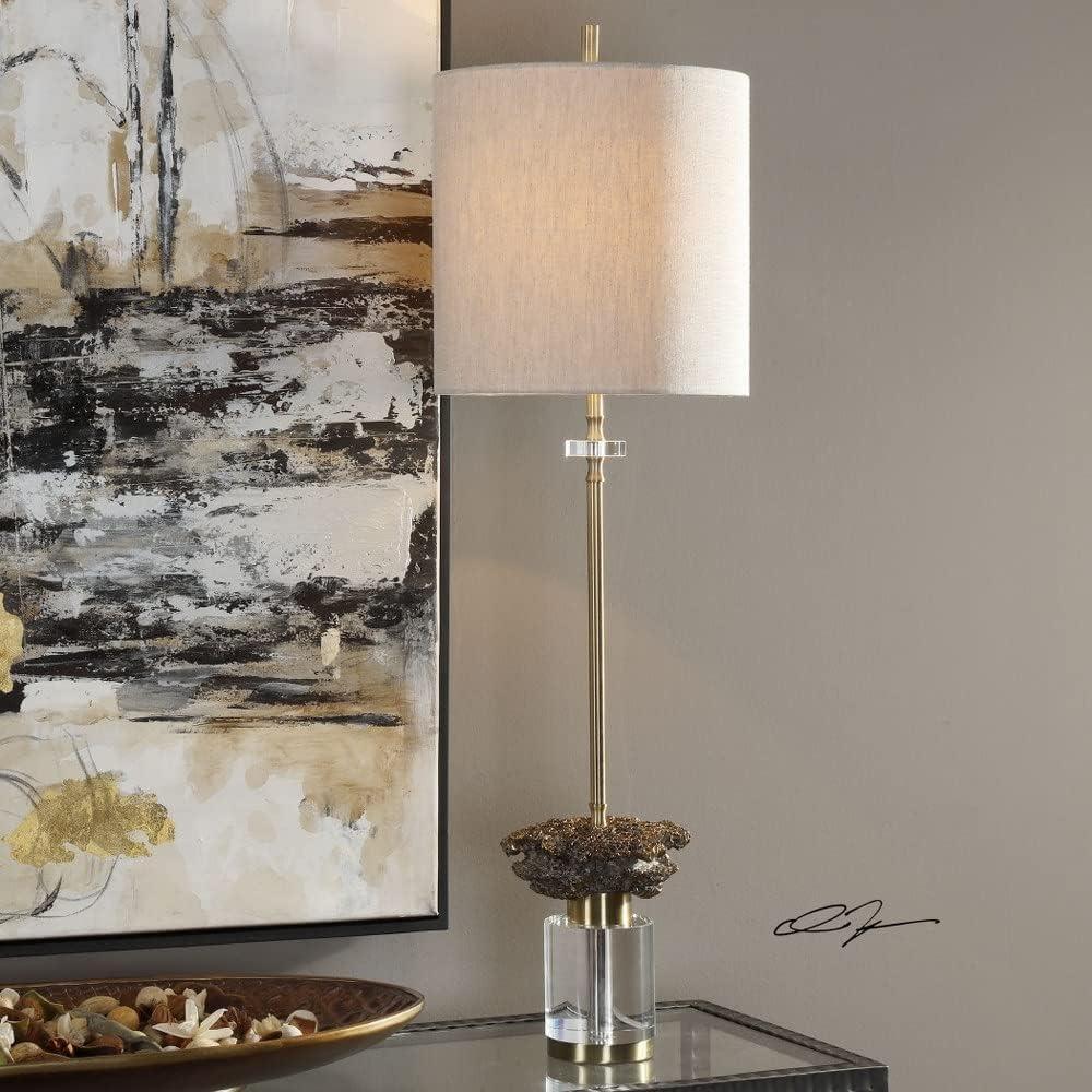 Uttermost Modern Buffet Table Lamp 34" Tall Brushed Brass Crystal Oatmeal Linen Drum Shade for Living Room Bedroom House Dining