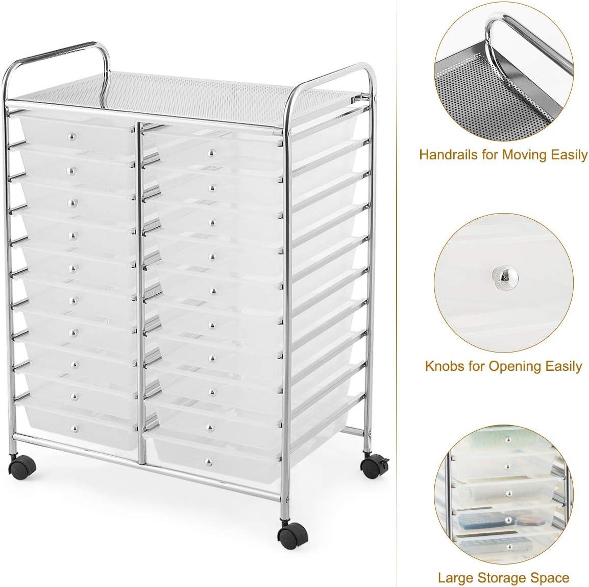 20-Drawer Organizer Cart Office School Storage Cart Rolling Drawer Clear