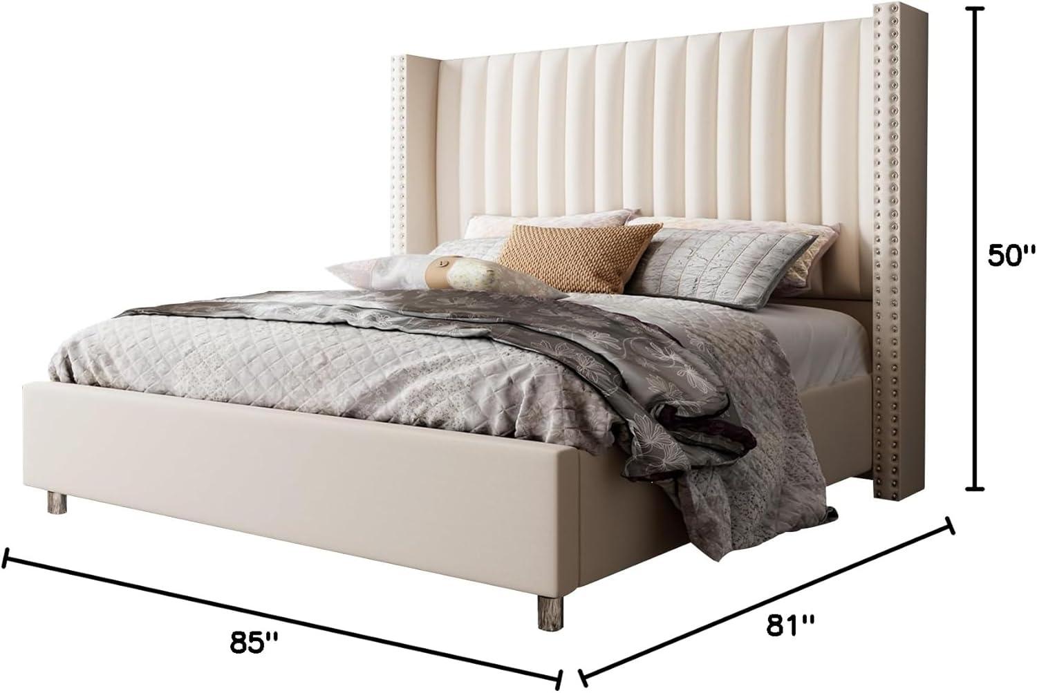 Cream Velvet King Platform Bed with Tufted Upholstered Headboard