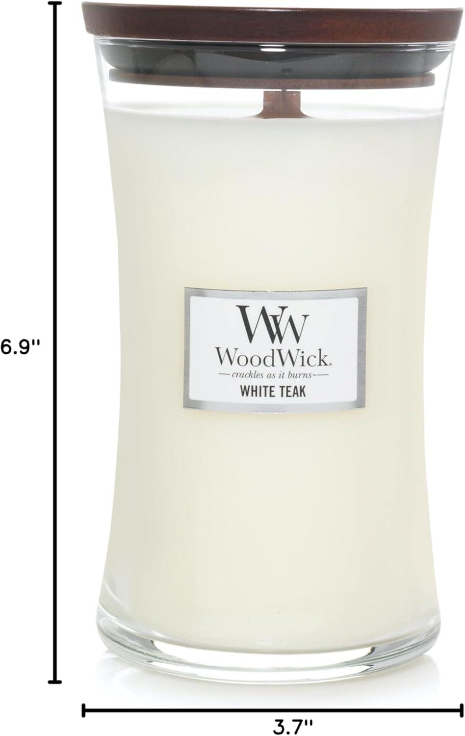 21.5oz Large Hourglass Jar Candle White Teak - WoodWick: Soy & Paraffin Blend, Crackling Wick, 120hr Burn Time