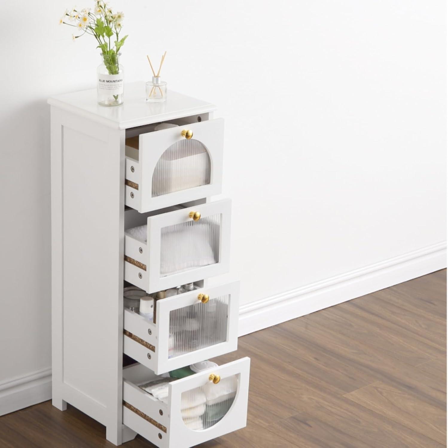 White Slim Wooden Storage Cabinet with Semitransparent Panels