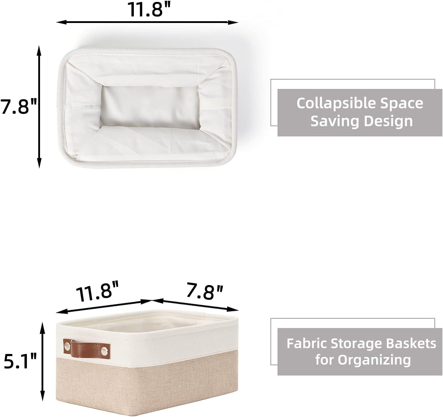 White Rectangular Fabric Storage Bins with Leather Handles, Set of 6