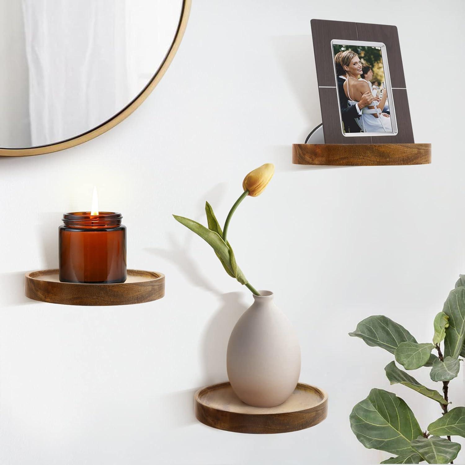 Acacia Wood 6'' Round Floating Shelves Set of 3