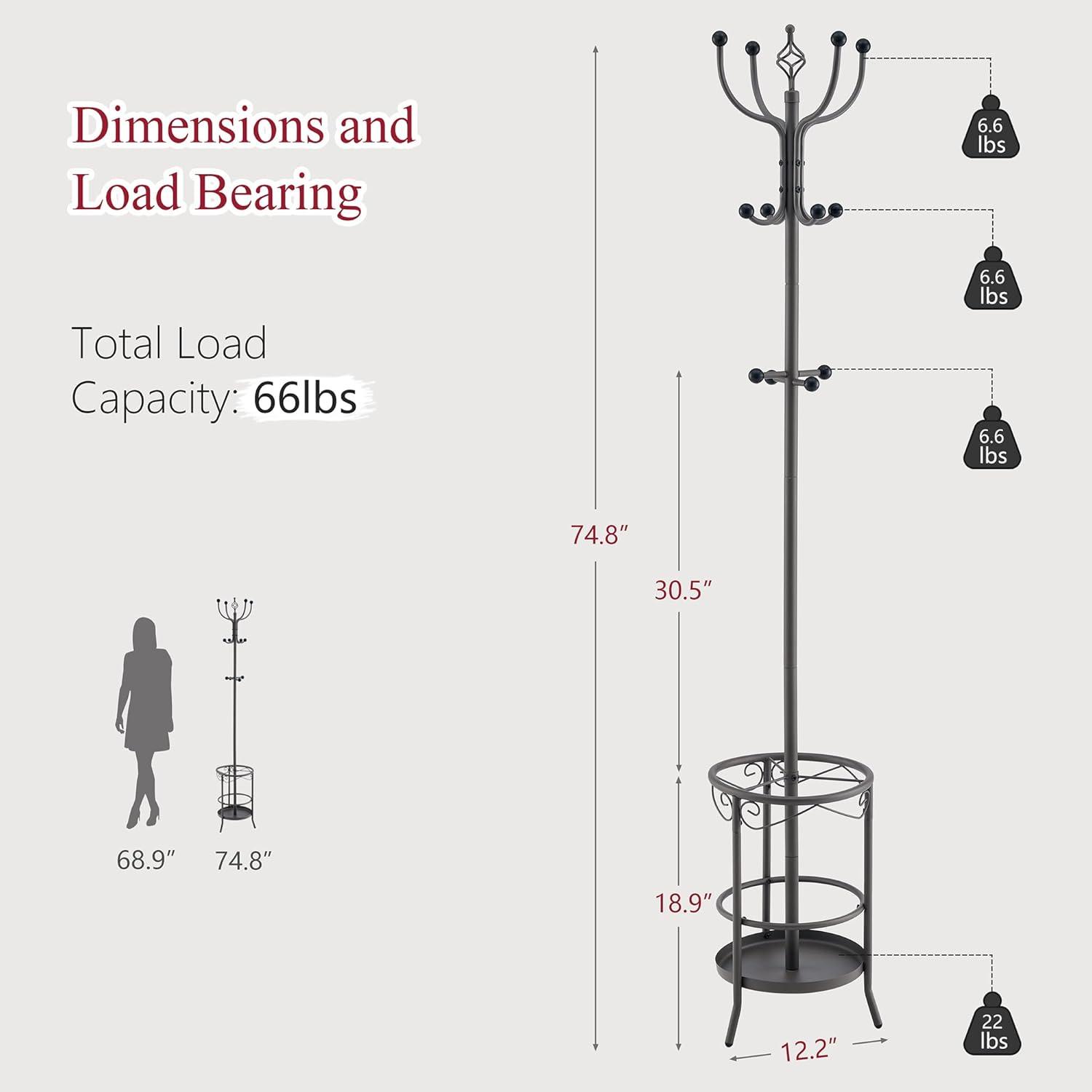 Tajsoon Coat Rack Stand with Umbrella Holder, Freestanding Coat Hanger Stand with Umbrella Stand, Entryway Coat Rack with 12 Hooks to Hold Clothes, Coat Tree for Living Room Bedroom Office, Grey