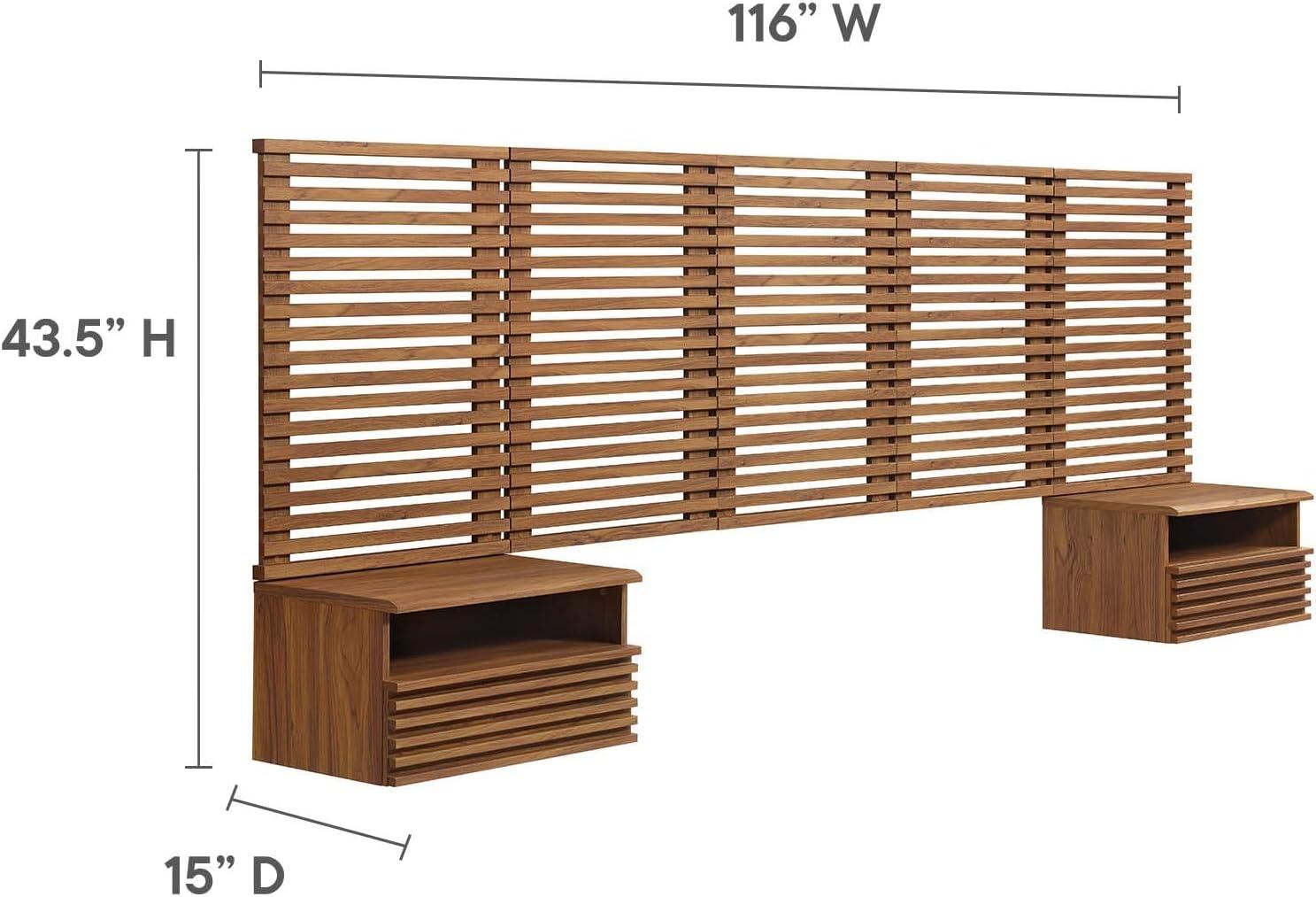 Modway Render Wall Mount Queen Headboard and Modern Nightstands in Walnut