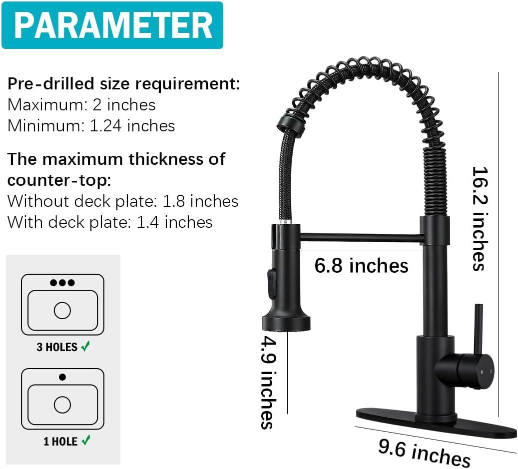 Wilmall Kitchen Faucet with Pull Down Sprayer & Deck Plate, Stainless Steel Commercial Single-Handle Spring Sink Faucet for Laundry, RV, Wet Bar, Farmhouse - Matte Black